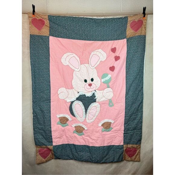 Vintage 1990s Bunny Baby Quilt Blanket - Picture 1 of 8
